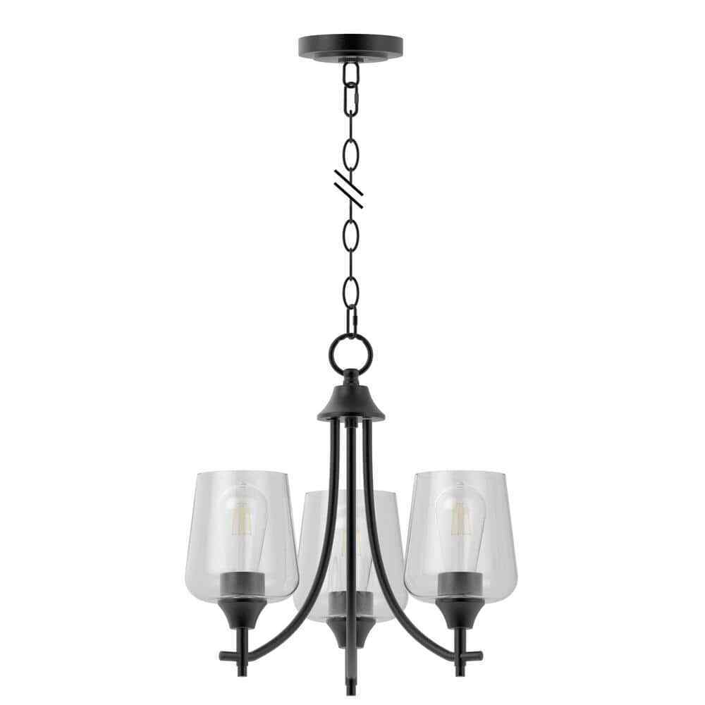 Hampton Bay Pavlen 18 in. 3-Light Black Chandelier with Clear Glass Shades