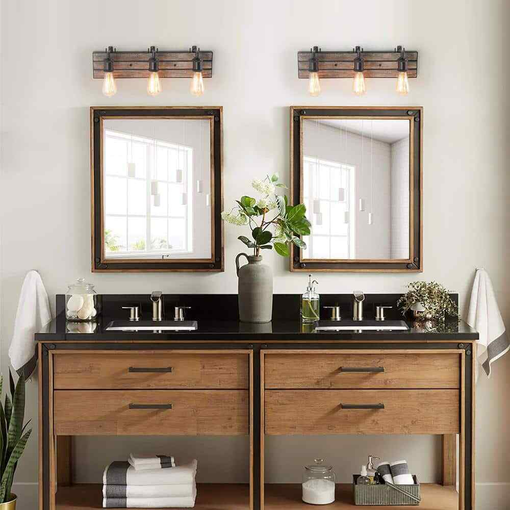 LNC Farmhouse Wood Bathroom Vanity Light 3-Light Rustic Dark Brown Wall Sconce