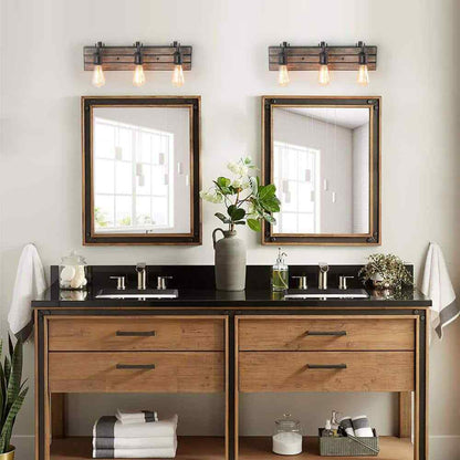 LNC Farmhouse Wood Bathroom Vanity Light 3-Light Rustic Dark Brown Wall Sconce