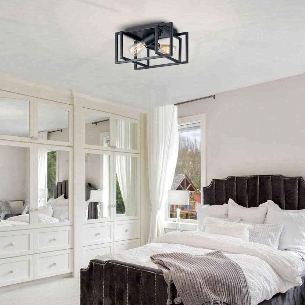 Merra 12 in. 2-Light Matte Black Open Geometric Frame Flush Mount