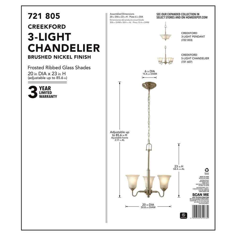 Hampton Bay Creekford 3-Light Brushed Nickel Chandelier w/ Frosted Glass Shades