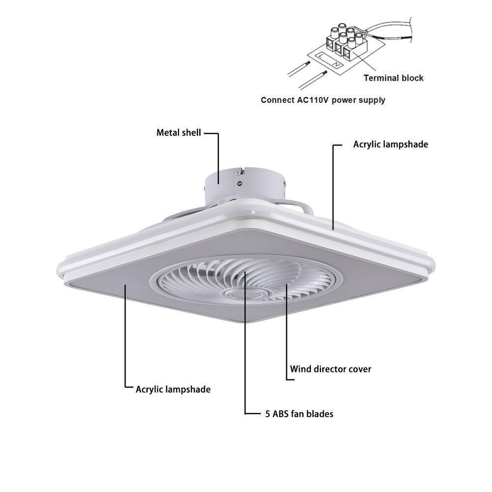 Modern White Square Shape LED Indoor Enclosed Ceiling Fan w/ Remote Control