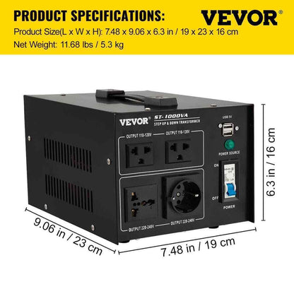 VEVOR Voltage Converter 1000-Watt 110-Volt/240-Volt US/EU Outlet USB Port