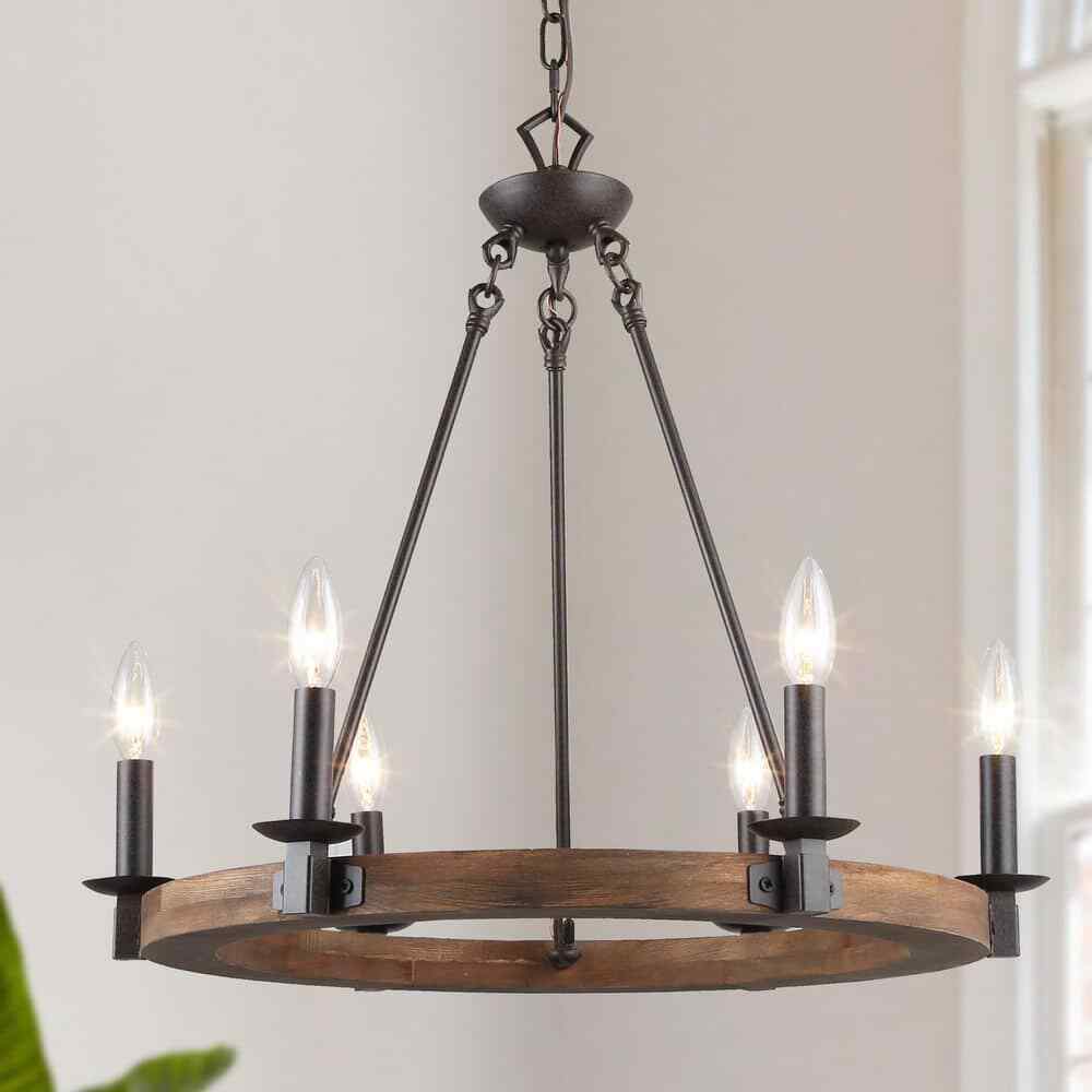 LNC Wagon Wheel Chandelier 6-Light Distressed Wood Island Light Rustic Bronze