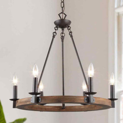 LNC Wagon Wheel Chandelier 6-Light Distressed Wood Island Light Rustic Bronze