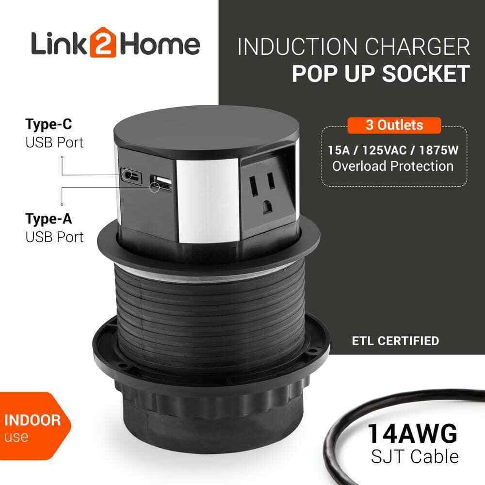 Link2Home Pop Up-Outlet Induction Charger USB-C Ports Surge Protection