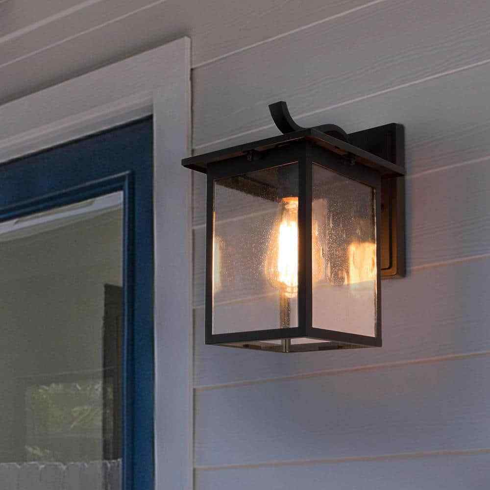 LNC Modern Textured Black Outdoor Sconce with Seeded Glass Shade