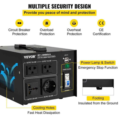 VEVOR Voltage Converter 1000-Watt 110-Volt/240-Volt US/EU Outlet USB Port