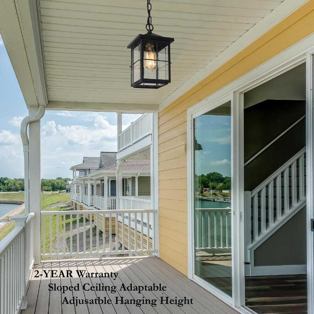 LNC Black Outdoor Hanging Lantern w/ Seeded Glass Shade for Covered Patio