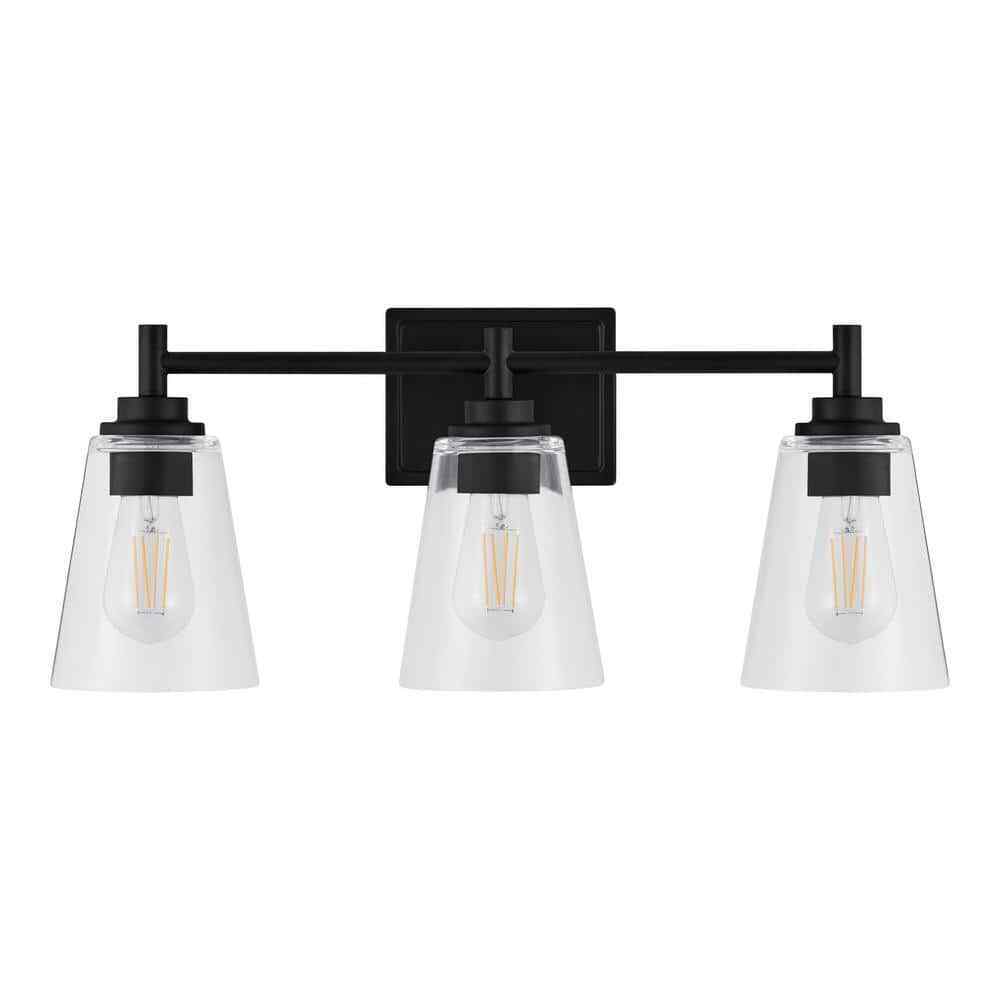 Hampton Bay Wakefield 22 in. 3-light Matte Black Vanity with Clear Glass Shades