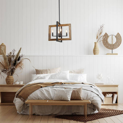 LNC 4-Light Black Modern Farmhouse Geometric Caged Wood Candelabra Chandelier
