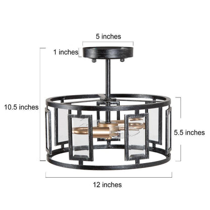 Uolfin Brushed Black 12 in. 2-Light Rustic Cage Semi-Flush Mount Ceiling Light