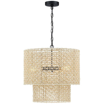 TRUE FINE Bohe 19 in. 4-Light Bohemian Pendant with Natural Rattan Shade