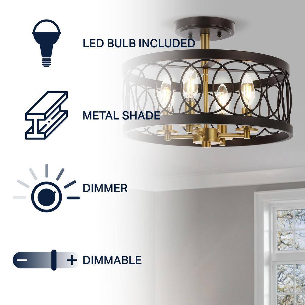 JONATHAN Y Sylvain Oil Rubbed Bronze/Brass Gold Metal LED Semi-Flush Mount