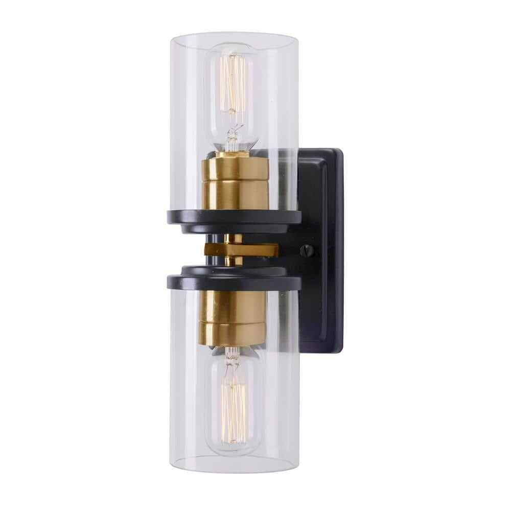 2-Light Black and Soft Gold Wall Sconce Vanity Light with Clear Glass