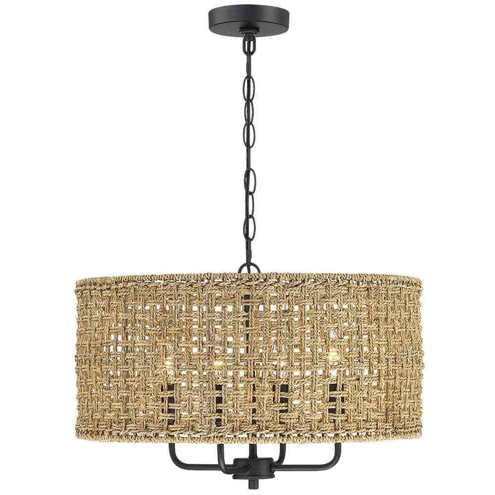 TRUE FINE Cape 20 in. 4-Light Bohemian Drum Chandelier w/ Lime Hand Woven Shade