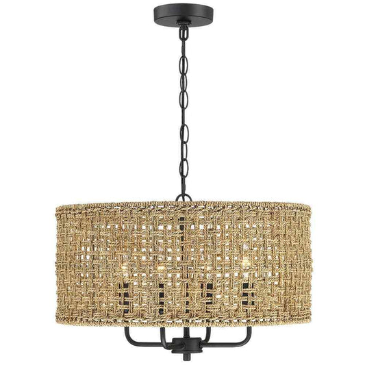 TRUE FINE Cape 20 in. 4-Light Bohemian Drum Chandelier w/ Lime Hand Woven Shade