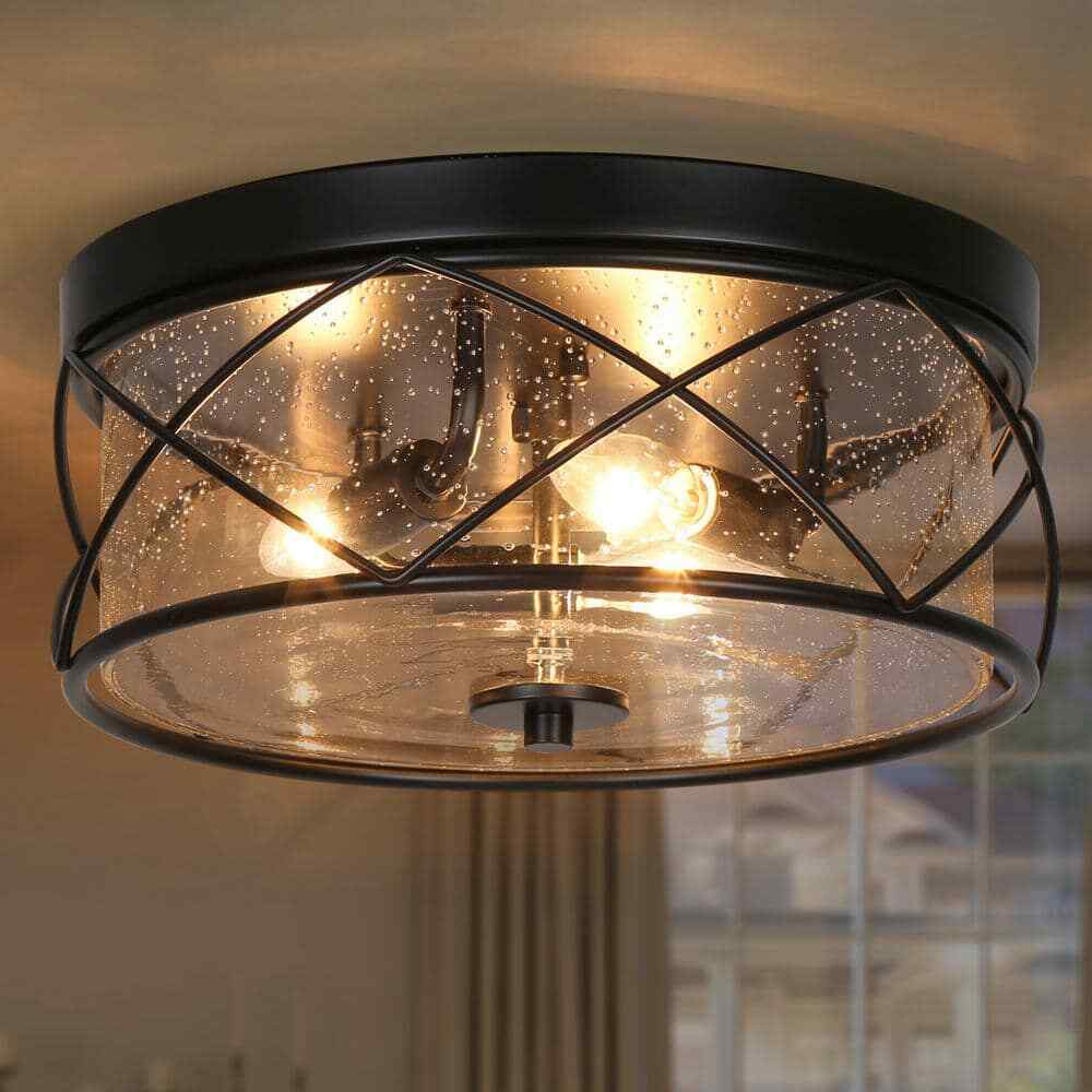 LNC Black Modern Farmhouse Flush Mount w/ Seeded Glass Shade Ceiling Light