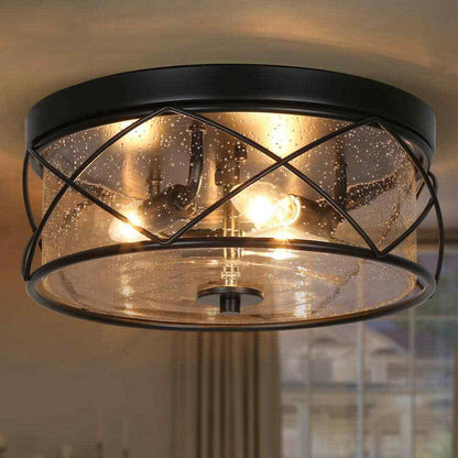 LNC Black Modern Farmhouse Flush Mount w/ Seeded Glass Shade Ceiling Light