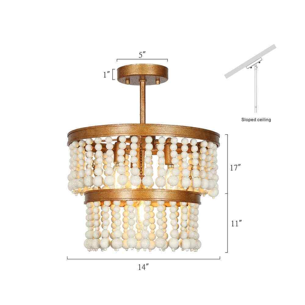 Uolfin Modern Farmhouse Ceiling 4-Light Antique Gold Round Semi-Flush Mount