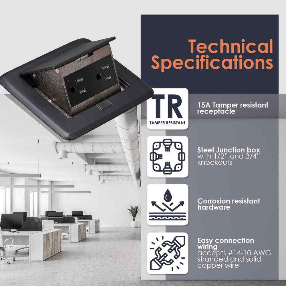 NEWHOUSE Pop-Up Floor Outlet Electrical Box  w/ 15A TR Duplex Receptacle Black