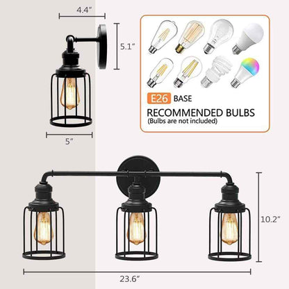 Cedar Hill 24 in. 3-Light Black Industrial Vanity with Metal Cage Wall Sconce