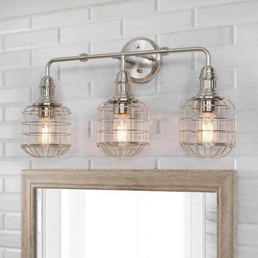 LNC 3-Light Nickel Modern Industrial Cage Silver Linear Wall Sconce Vanity Light