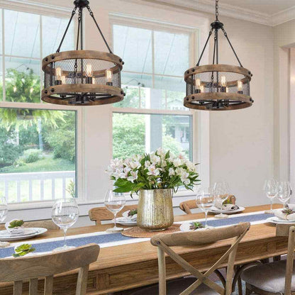 LNC Wood Drum Chandelier 5-Light Brown Candle Black Rustic Farmhouse Chandelier