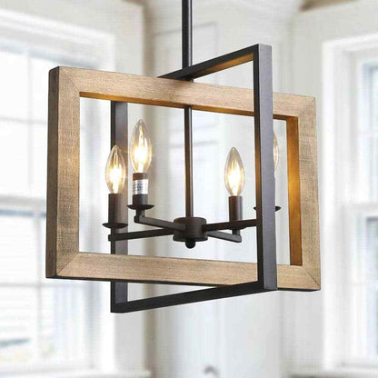 LNC 4-Light Black Modern Farmhouse Geometric Caged Wood Candelabra Chandelier