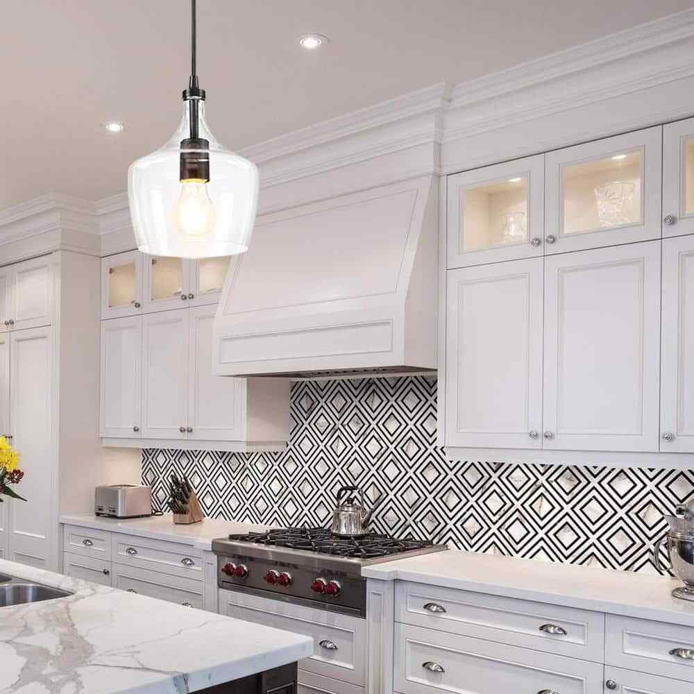 Hukoro 1-Light Kitchen Island Teardrop Clear Glass Pendant in Black