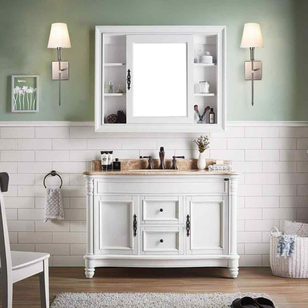 LamQee 1-Light Satin Nickel Wall Sconce with White Fabric Shade
