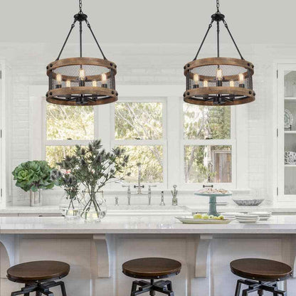 LNC Wood Drum Chandelier 5-Light Brown Candle Black Rustic Farmhouse Chandelier