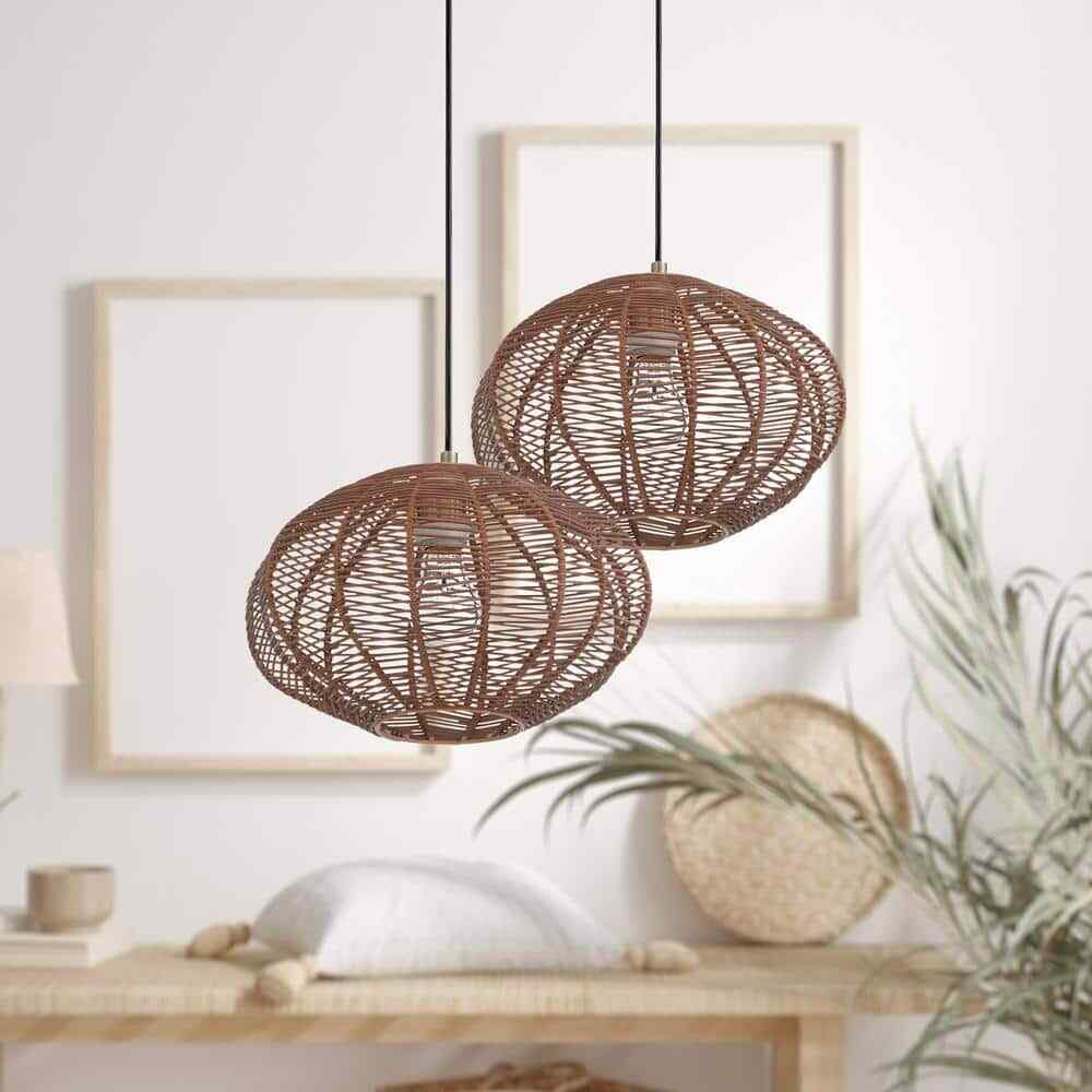 River of Goods Emilia Light Bronze Hanging Pendant with Brown Woven Rattan Shade