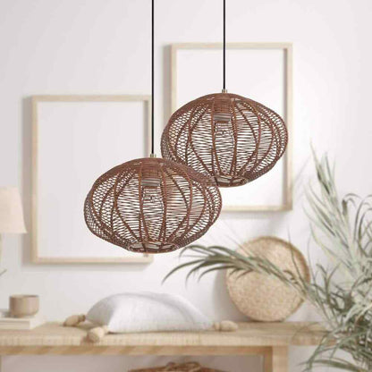 River of Goods Emilia Light Bronze Hanging Pendant with Brown Woven Rattan Shade