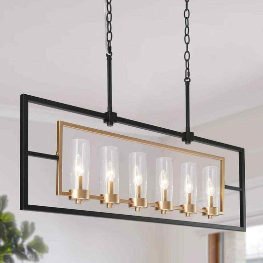 Uolfin Modern Black and Brass Large Linear 37.4" 6-Light Island Chandelier Light