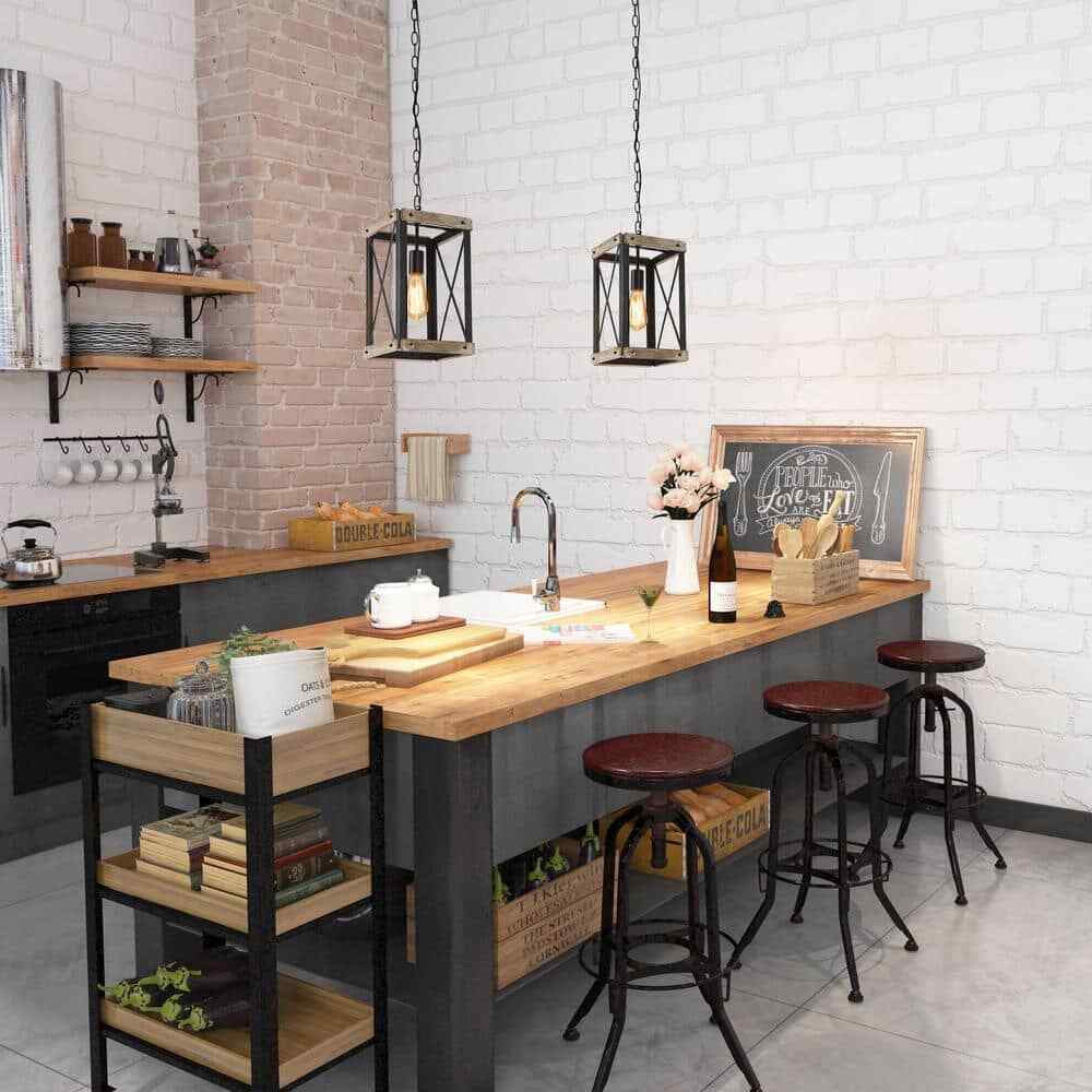 LNC Black Rustic Wood Cage Pendant Light