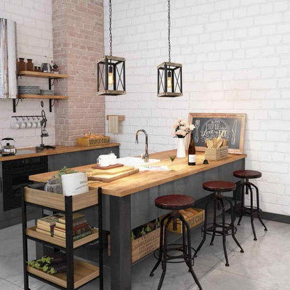 LNC Black Rustic Wood Cage Pendant Light
