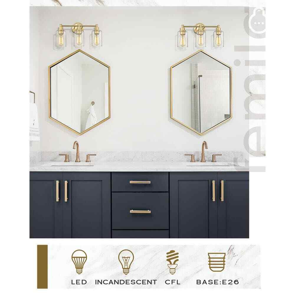 JAZAVA 17.25 in. 3-Light Champagne Bronze Vanity Light with Clear Glass Shade