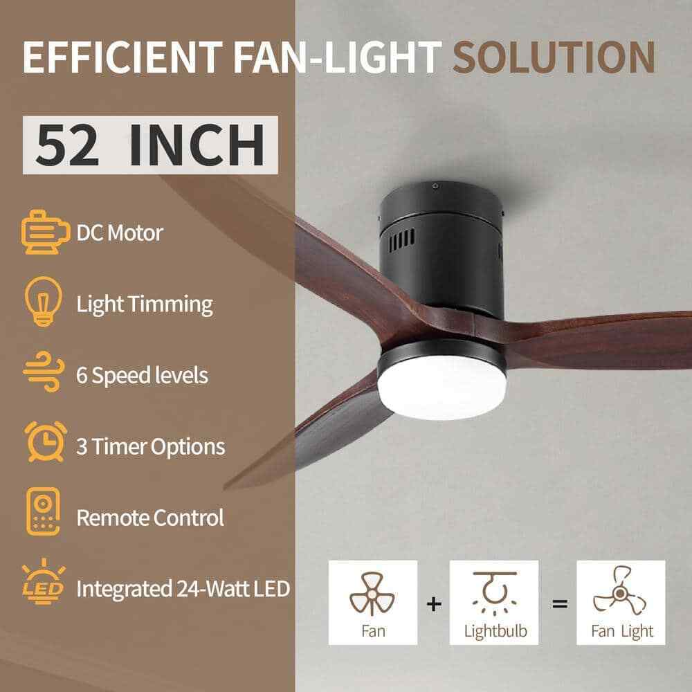 PUDO 52 in 1-LIght Black Integrated LED Indoor Ceiling Fan Lighting w/ Remote