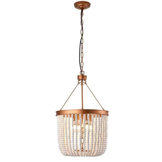 OUKANING 4-Light Gold Retro Farmhouse Beaded Pendant Light with Wood Bead Shade
