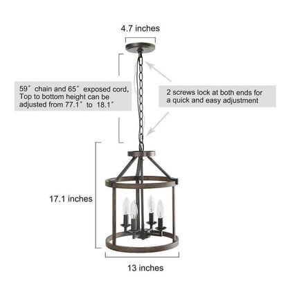LNC Cordelia 4-Light Dark Wood Grain Candlestick Chandelier w/ Cage Shade