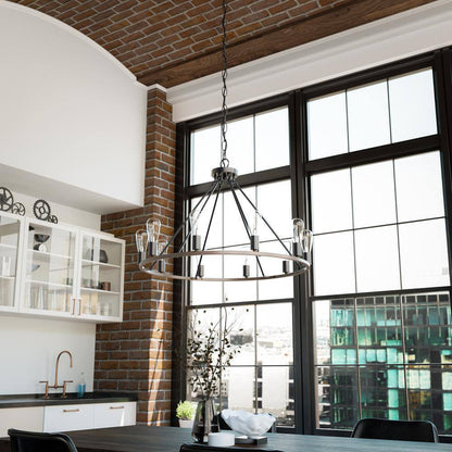 Hampton Bay Stratton 10-Light Black and Woodgrain Wagon Wheel Chandelier