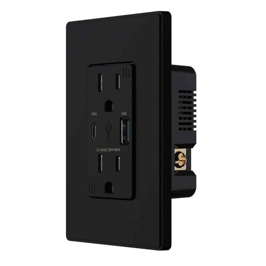ELEGRP 20W USB Wall Outlet w/ Type A and Type C USB Ports w/Wall Plate Black