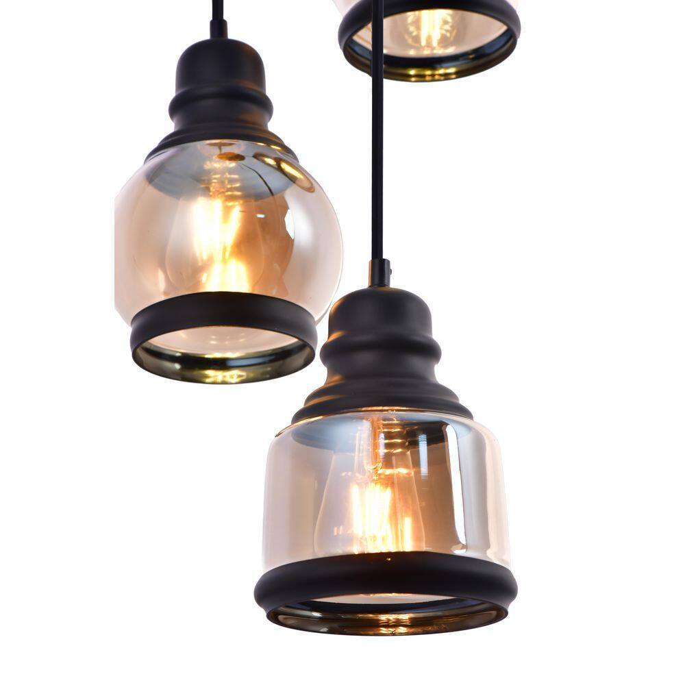 LAZZUR Vaige 13 in. 3-Light Matte Black Pendant with Amber Glass Shade