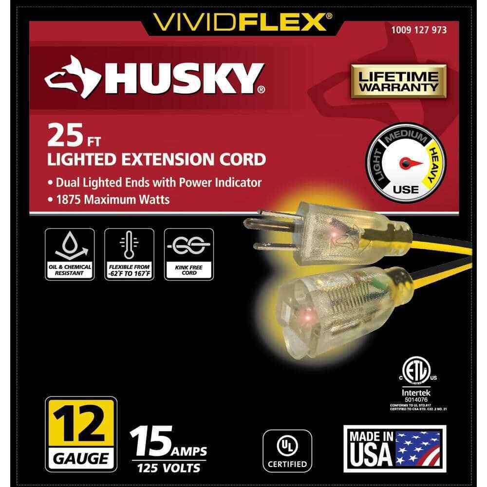 Husky VividFlex 25 ft. 12/3 Heavy Duty Extension Cord w/ Lighted End Yellow