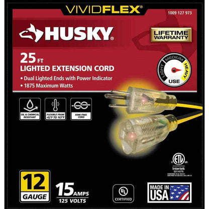 Husky VividFlex 25 ft. 12/3 Heavy Duty Extension Cord w/ Lighted End Yellow