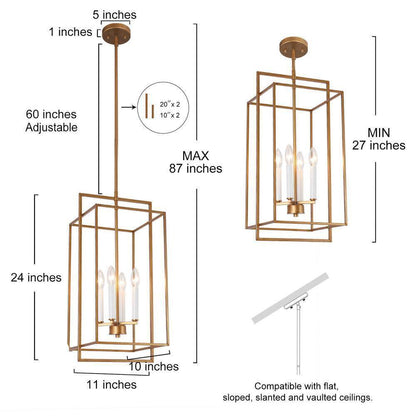 LNC Vintage Brushed Gold Candlestick Island Chandelier w/ Geometric Cage Pendant