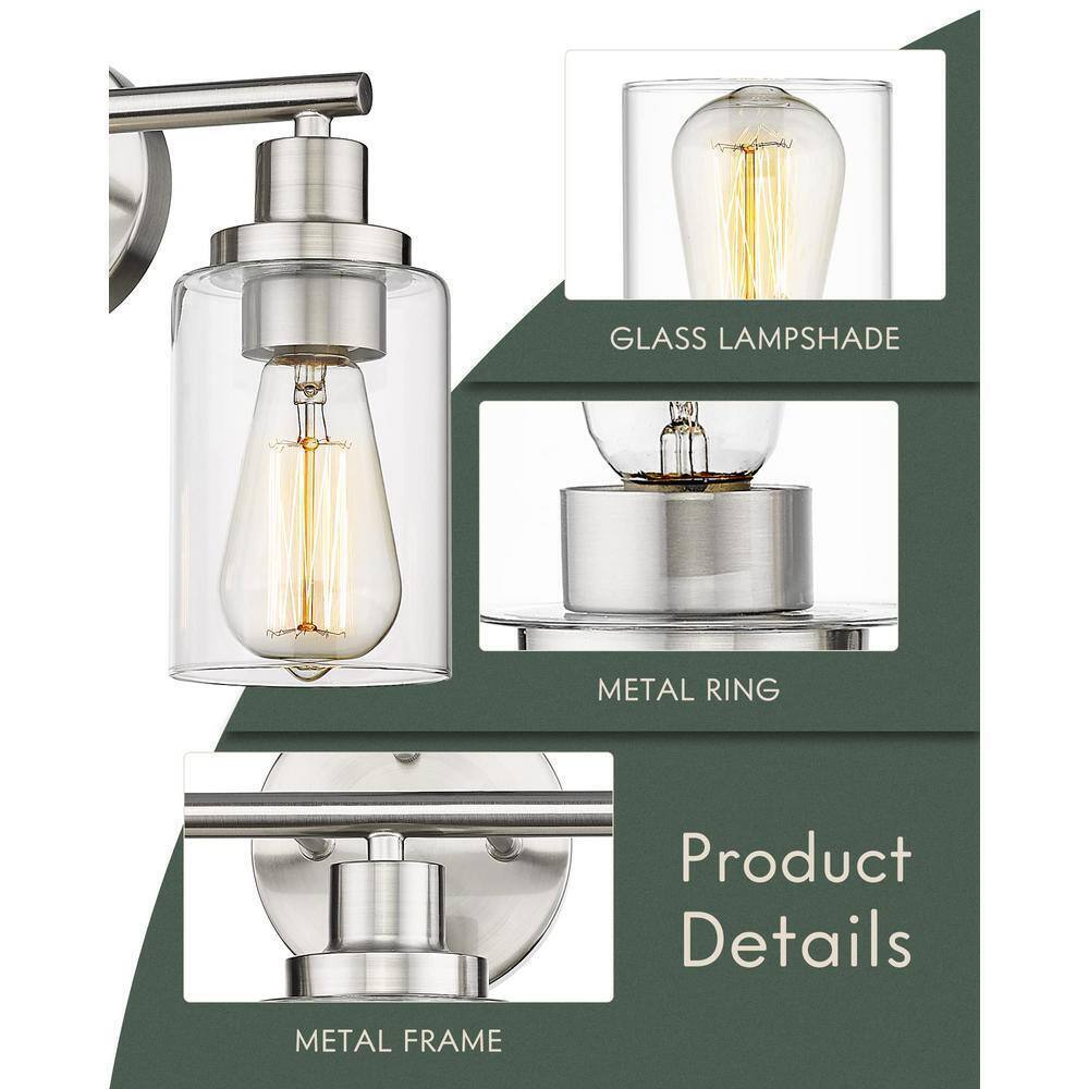 JAZAVA 3-Light Brushed Nickel Bathroom Vanity Light w/ Clear Shade Bathroom