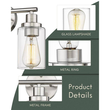 JAZAVA 3-Light Brushed Nickel Bathroom Vanity Light w/ Clear Shade Bathroom
