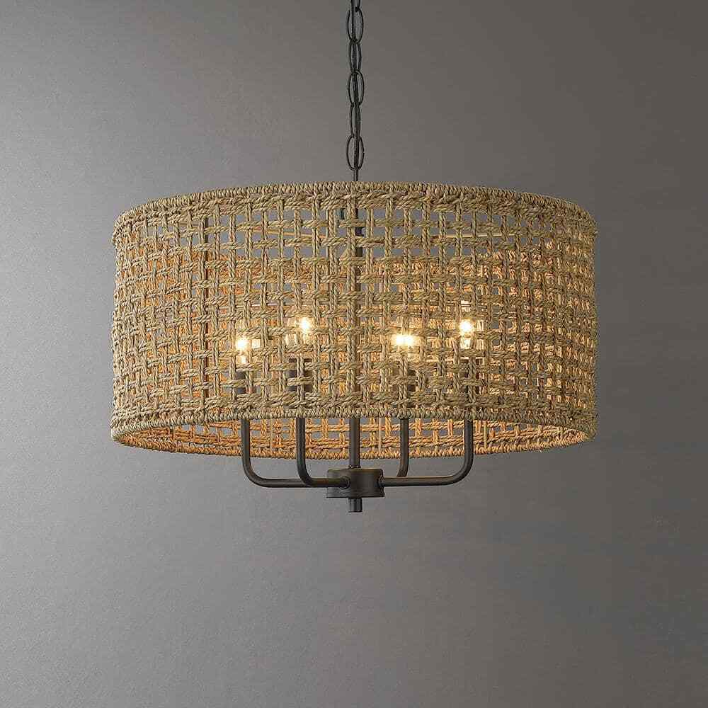 TRUE FINE Cape 20 in. 4-Light Bohemian Drum Chandelier w/ Lime Hand Woven Shade